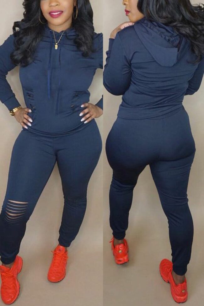 Fashion Casual Solid Ripped Hooded Collar Plus Size Set