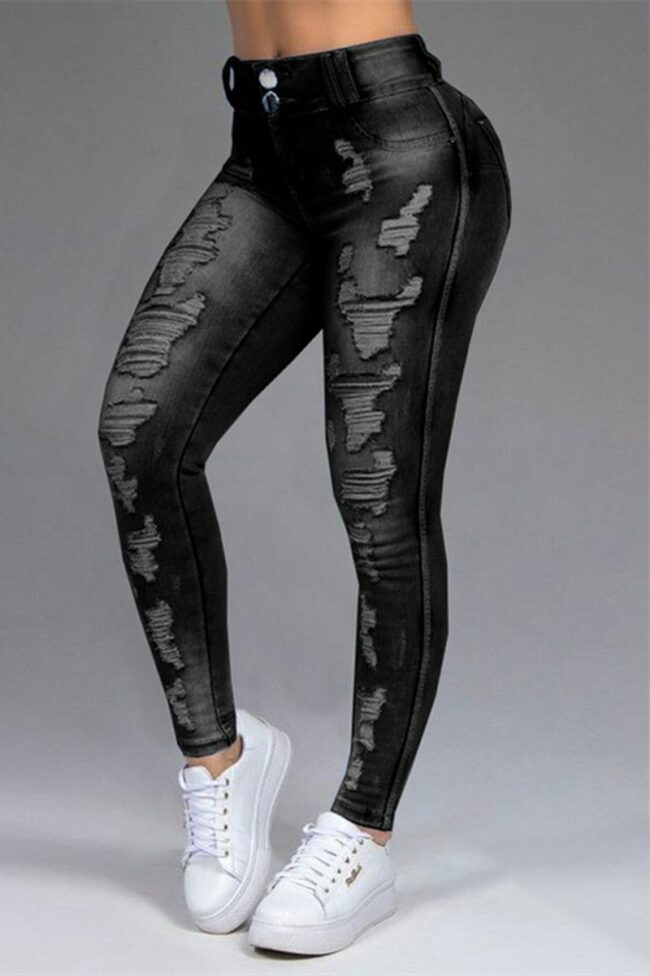 Fashion Casual Solid Ripped Mid Waist Skinny Jeans