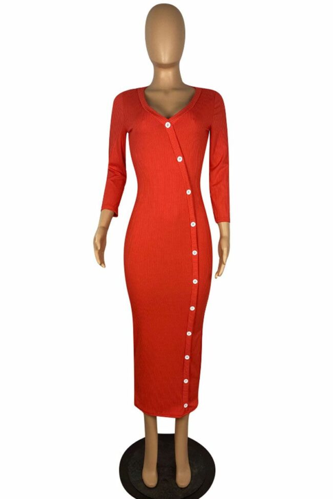 Sexy Solid Split Joint Buttons V Neck Pencil Skirt Dresses