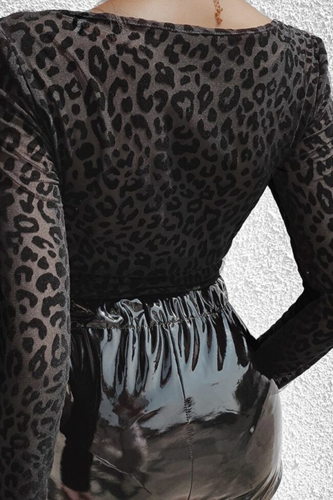 Sexy Leopard See-through Square Collar Skinny Jumpsuits