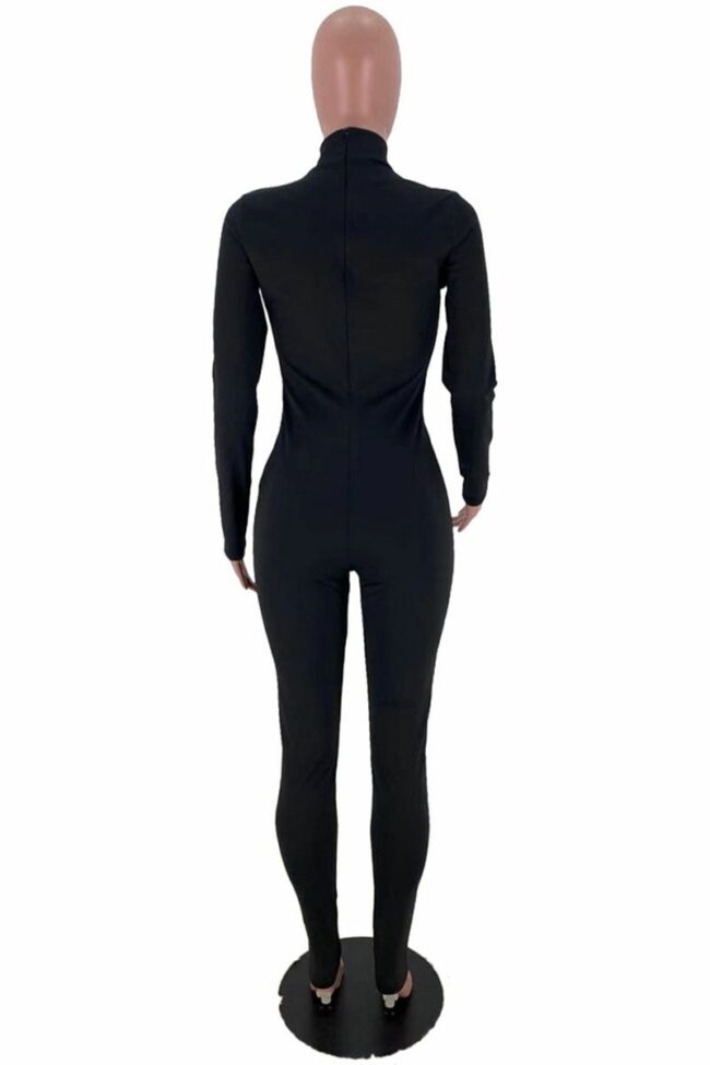 Sexy Solid Hollowed Out Turtleneck Jumpsuits
