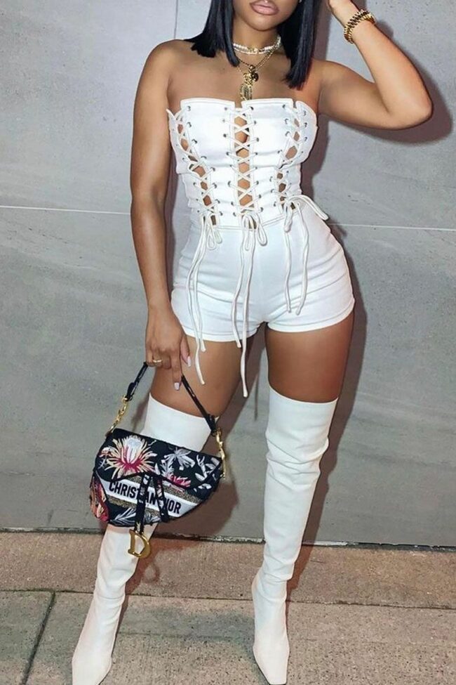 Sexy Solid Bandage Hollowed Out Split Joint Strapless Regular Jumpsuits