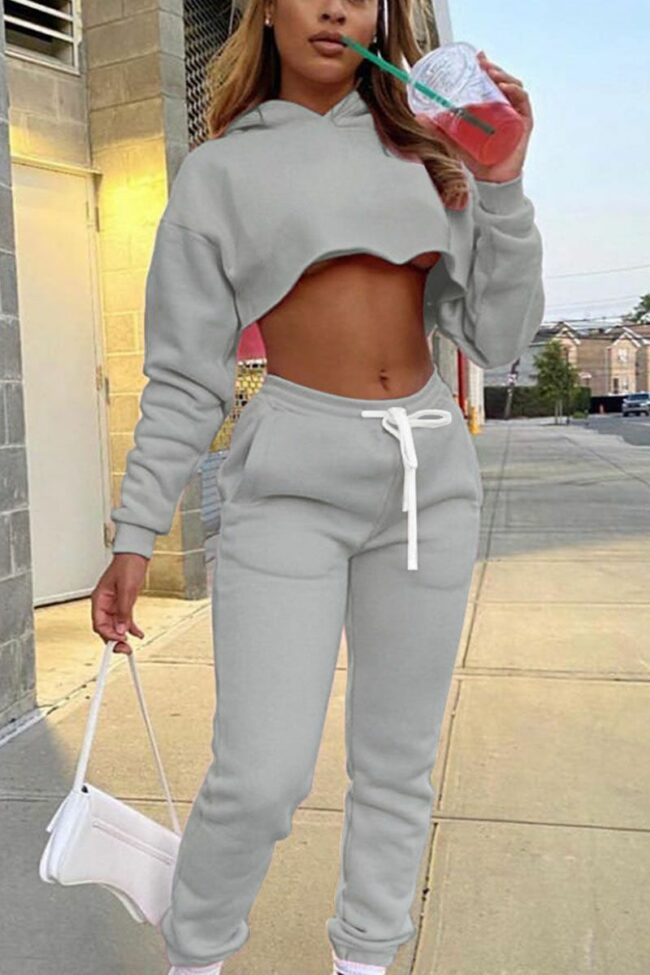 Casual Solid Split Joint Hooded Collar Long Sleeve Regular Sleeve Short Two Pieces