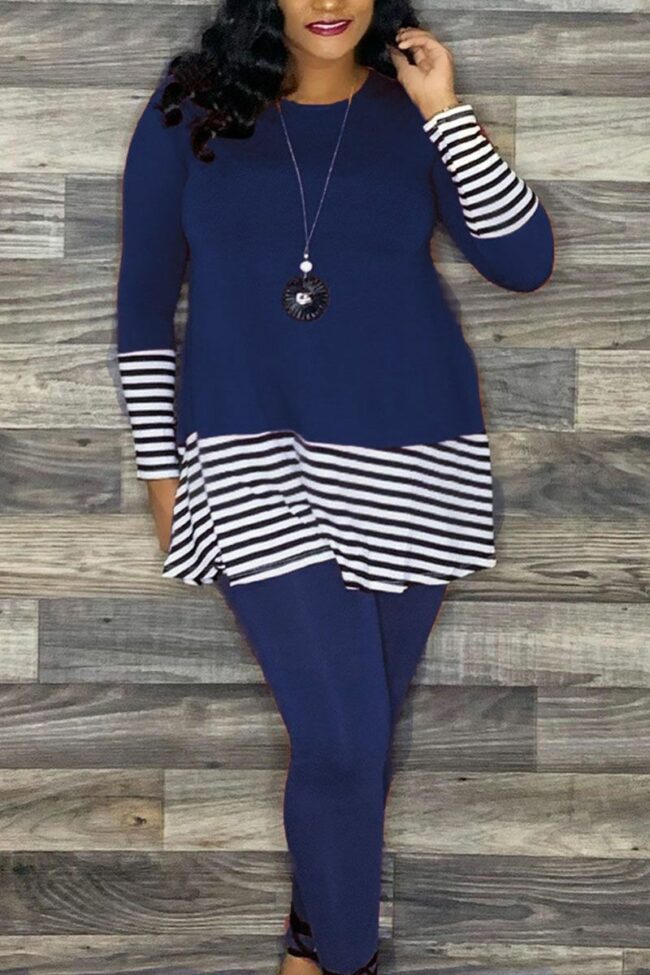 Casual Striped Split Joint O Neck Long Sleeve Two Pieces