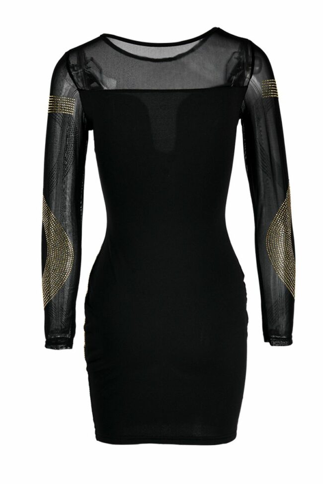 Fashion Sexy Patchwork Split Joint See-through O Neck Long Sleeve Dress