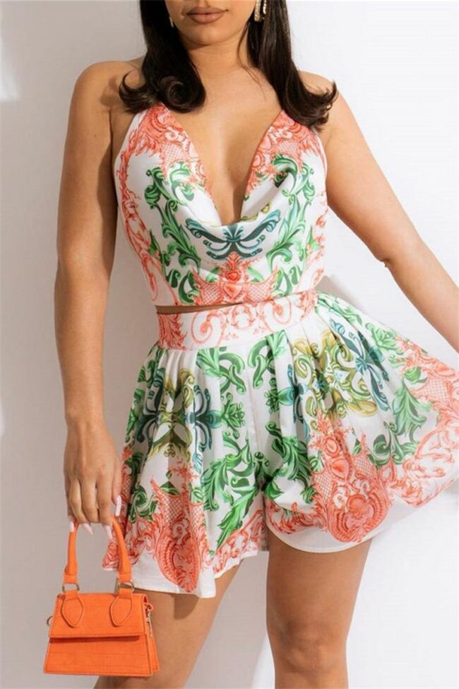 Fashion Print Backless Strap Design Halter Sleeveless Two Pieces