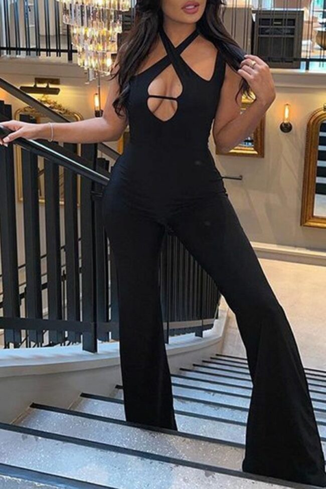 Sexy Solid Hollowed Out Split Joint Asymmetrical Collar Boot Cut Jumpsuits