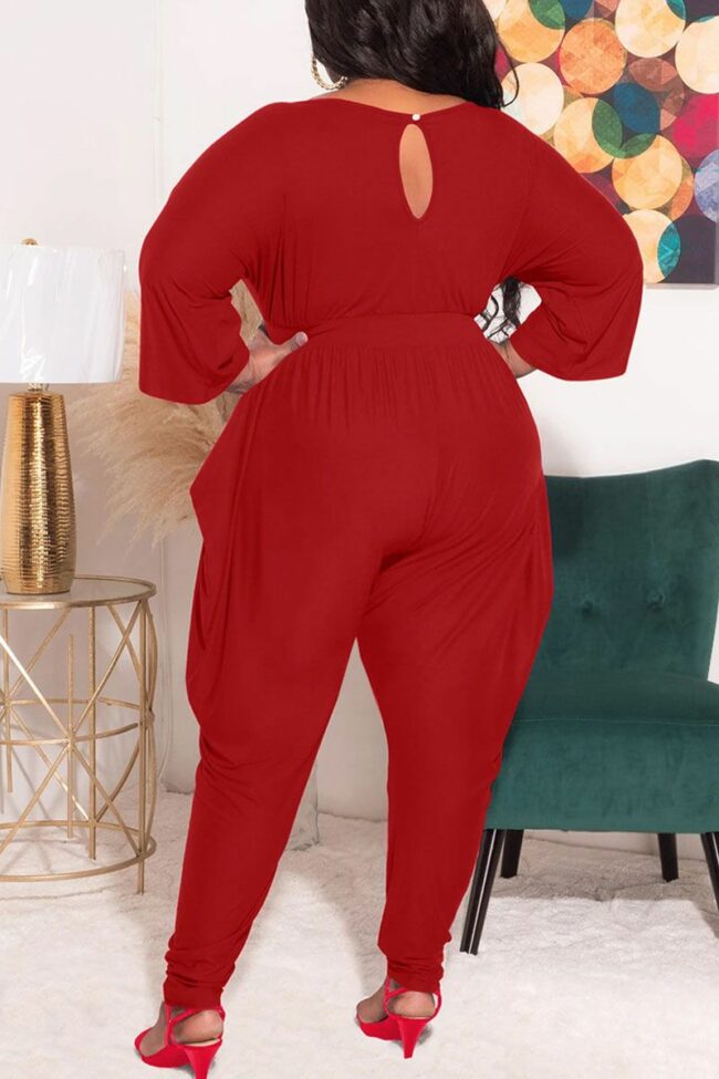 Casual Solid Split Joint Fold O Neck Plus Size Jumpsuits