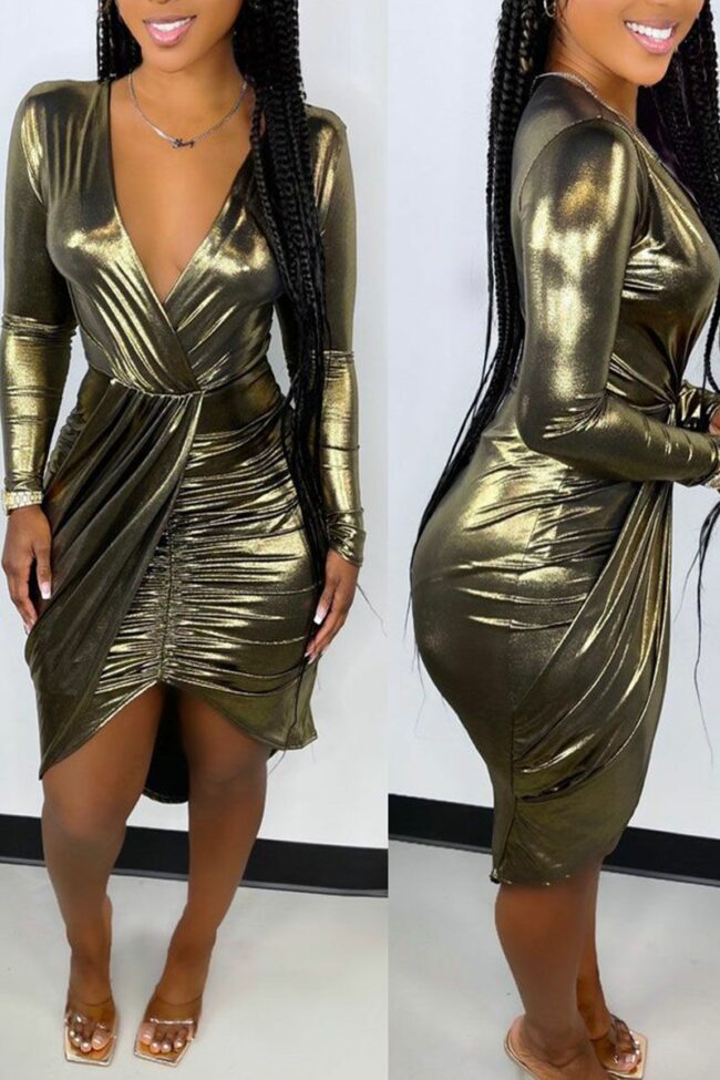Sexy Solid Split Joint Fold Asymmetrical V Neck Irregular Dress Dresses