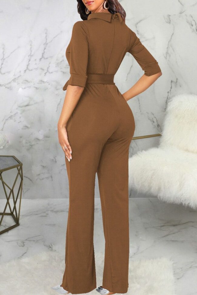 Casual Solid Split Joint With Belt Half A Turtleneck Straight Jumpsuits