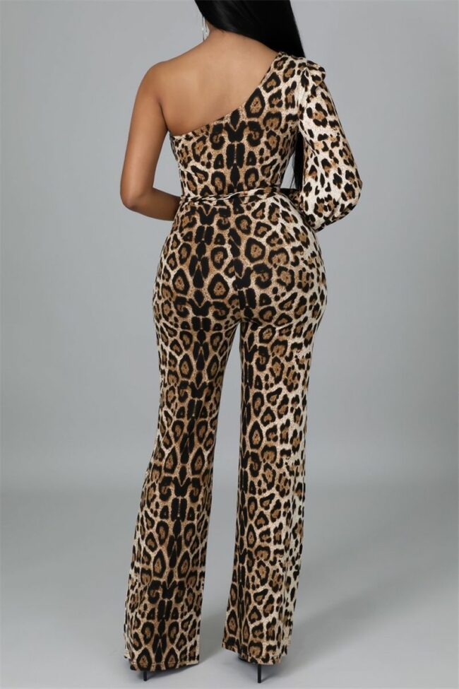 Fashion Casual Print Leopard Backless Oblique Collar Regular Jumpsuits