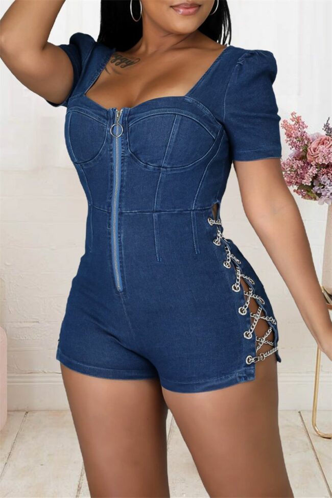 Fashion Casual Solid Split Joint Backless Square Collar Skinny Romper