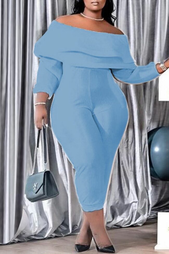 Fashion Casual Solid Split Joint Backless Off the Shoulder Plus Size Jumpsuits