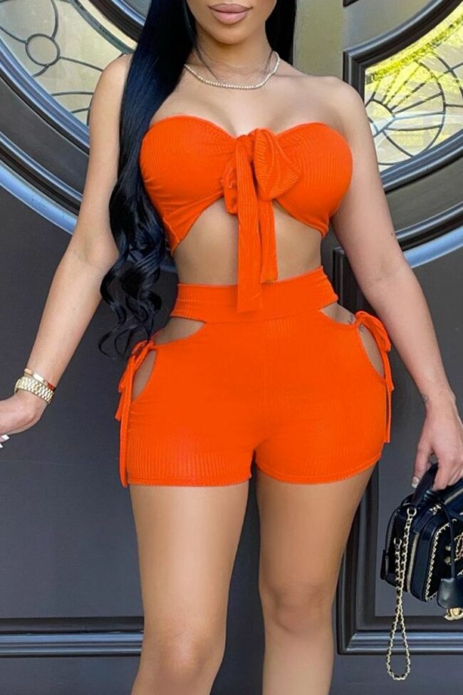 Sexy Solid Hollowed Out Halter Sleeveless Two Pieces
