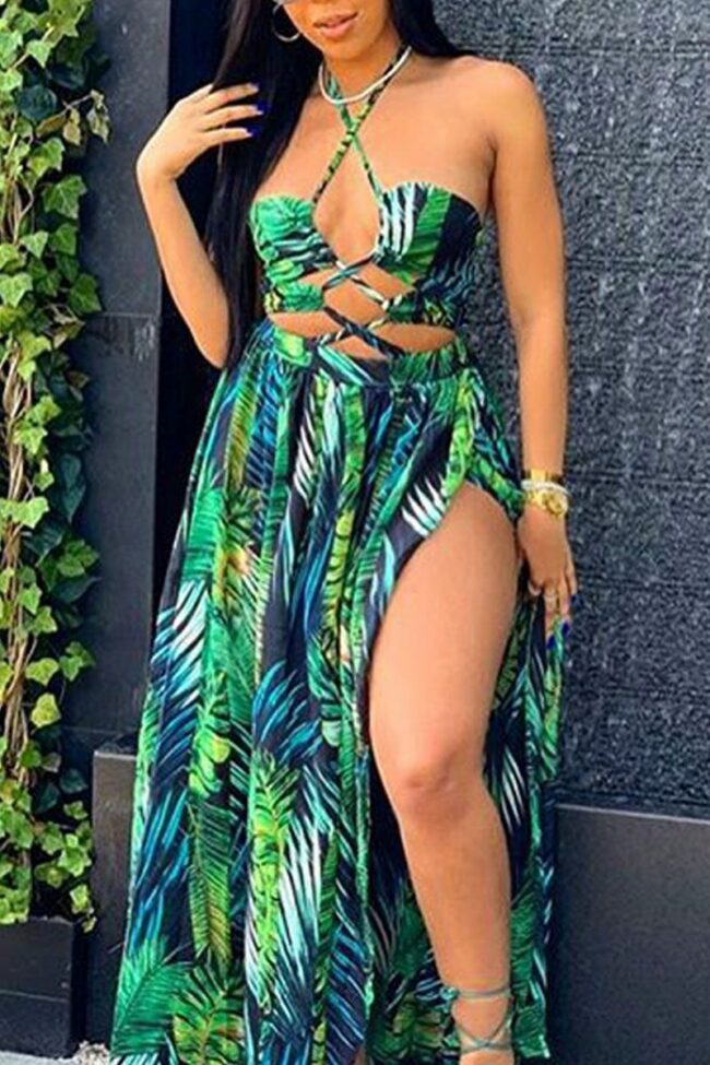 Sexy Print Hollowed Out Split Joint Backless High Opening Halter A Line Dresses