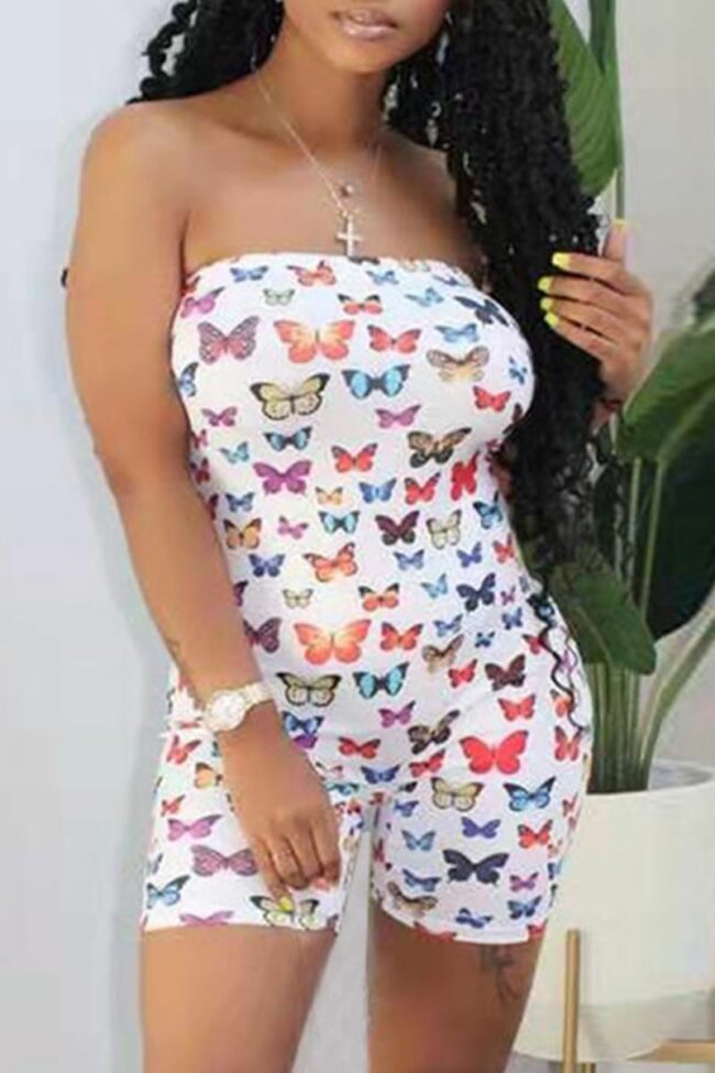 Sexy Butterfly Print Split Joint Strapless Skinny Jumpsuits