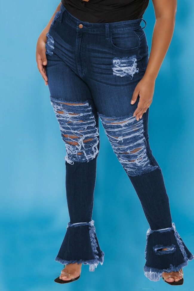 Sexy Street Solid Ripped Split Joint High Waist Boot Cut Denim Jeans