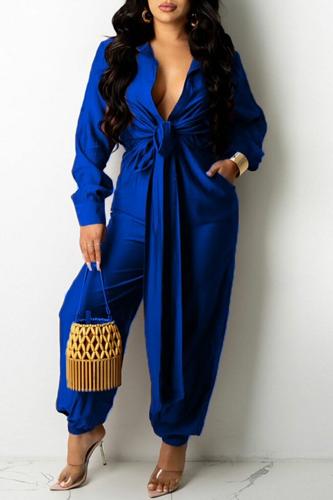 Fashion Casual Solid Split Joint Turndown Collar Jumpsuits