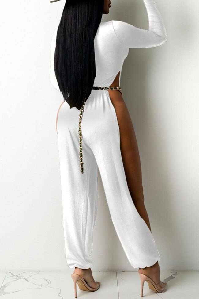 Sexy Solid Hollowed Out Split Joint Slit O Neck Straight Jumpsuits(Without Belt)