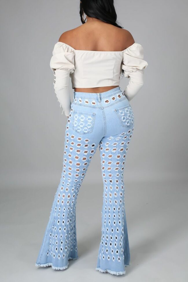 Fashion Casual Solid Hollowed Out High Waist Regular Jeans