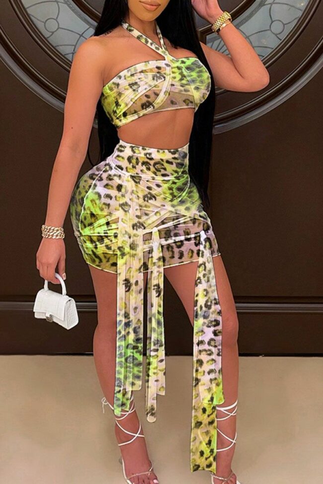 Sexy Print Bandage Split Joint Halter Sleeveless Two Pieces