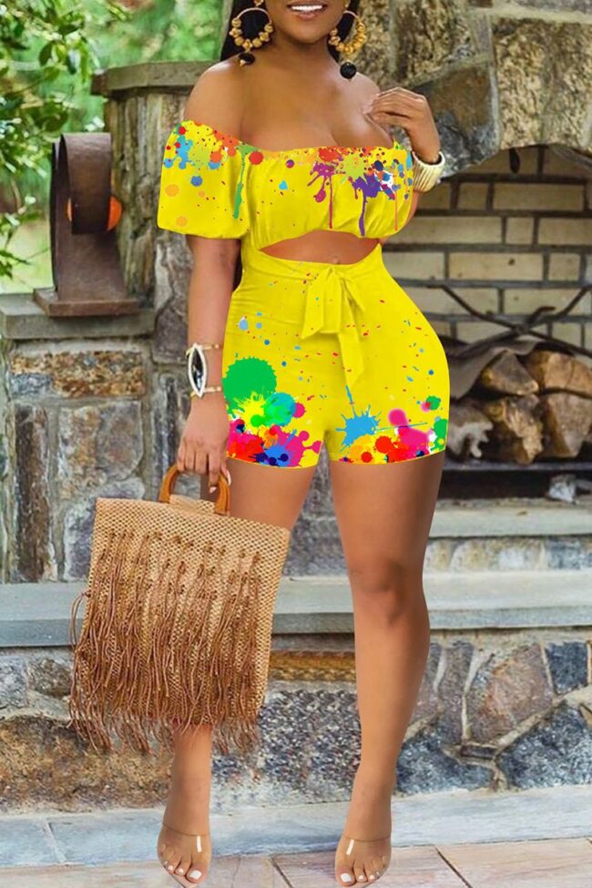Fashion Sexy Print Hollowed Out Backless Off the Shoulder Regular Romper
