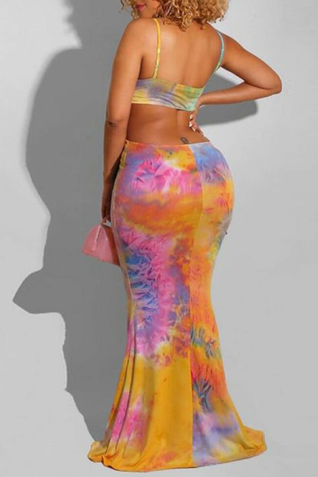 Fashion Sexy Print Tie Dye Backless Spaghetti Strap Sleeveless Dress