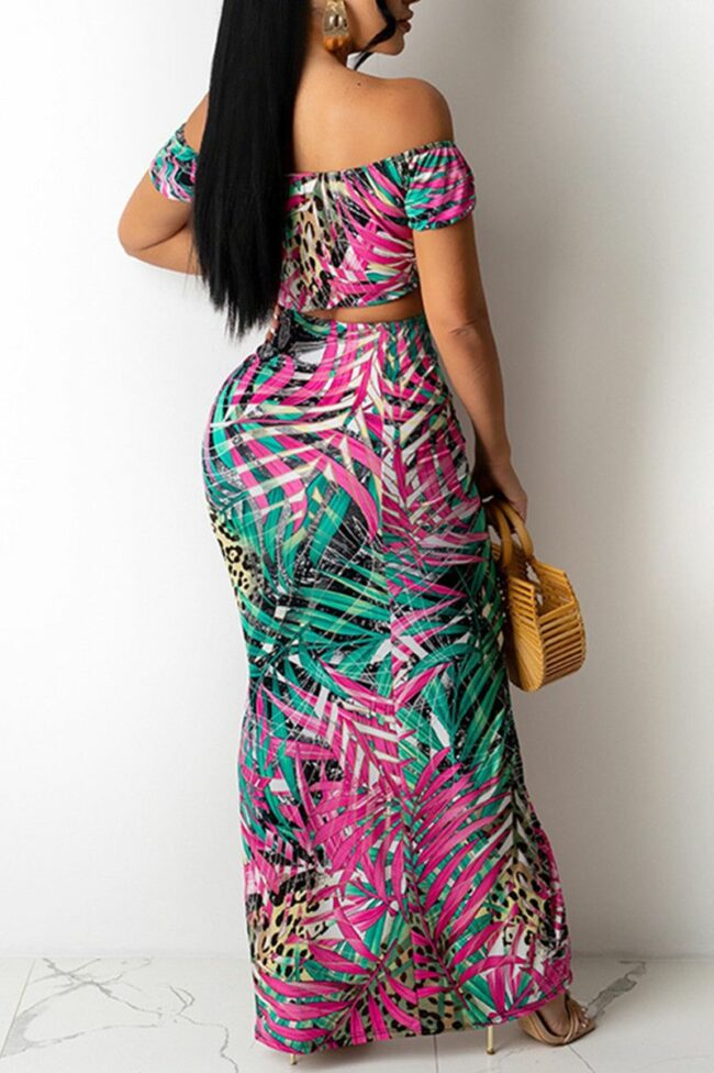 Fashion Sexy Print Backless Slit Off the Shoulder Short Sleeve Two Pieces