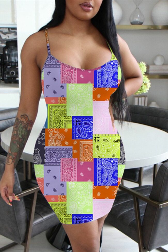 Fashion Casual Print Backless Spaghetti Strap Sleeveless Dress Dresses