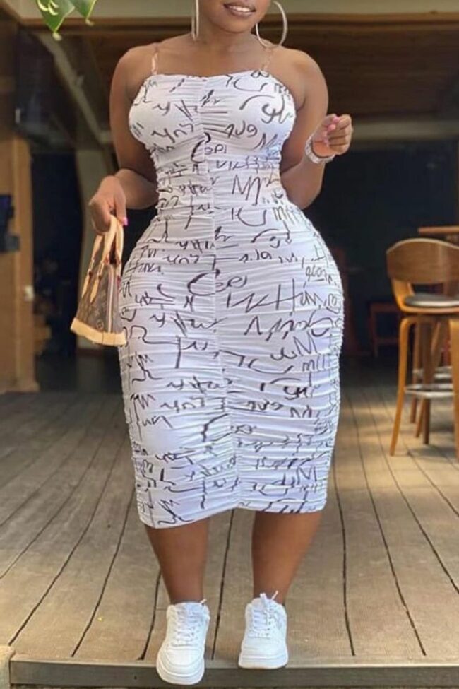 Fashion Sexy Plus Size Print Backless Fold Spaghetti Strap Sleeveless Dress