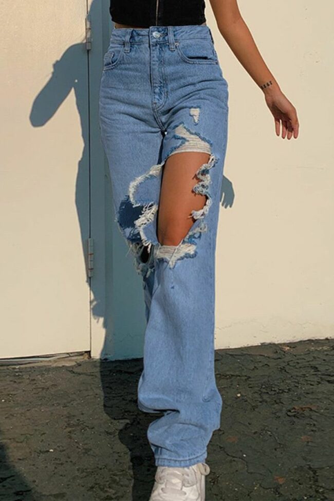 Fashion Casual Solid Ripped High Waist Regular Jeans