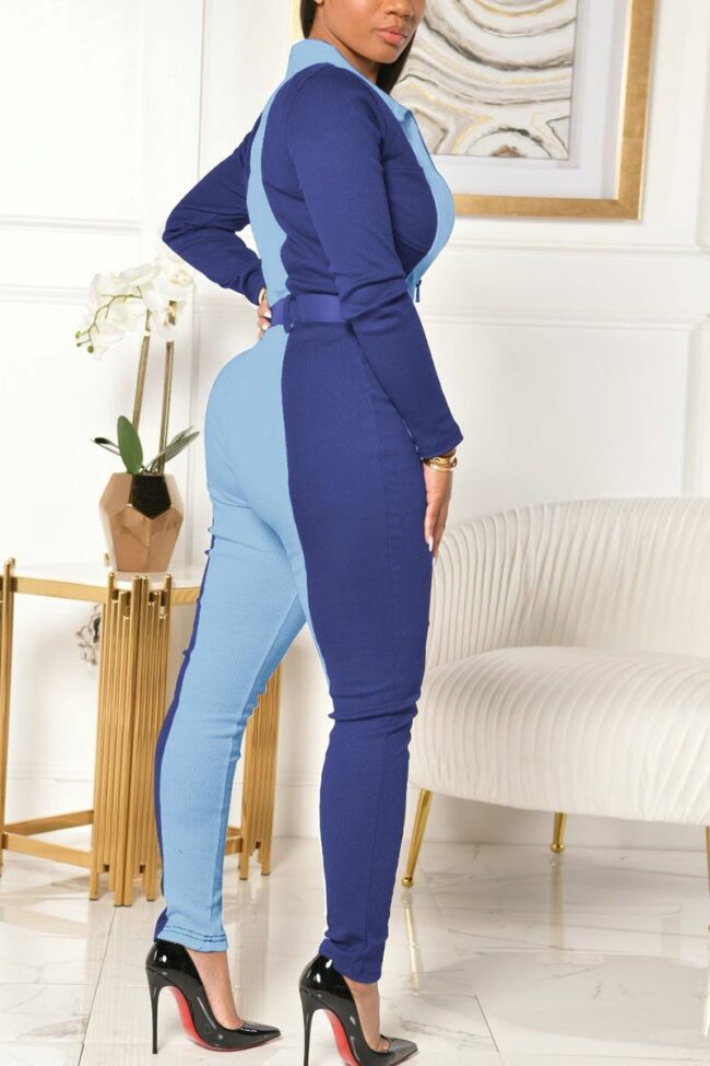 Fashion Sexy Adult Patchwork Solid Split Joint Turndown Collar Skinny Jumpsuits
