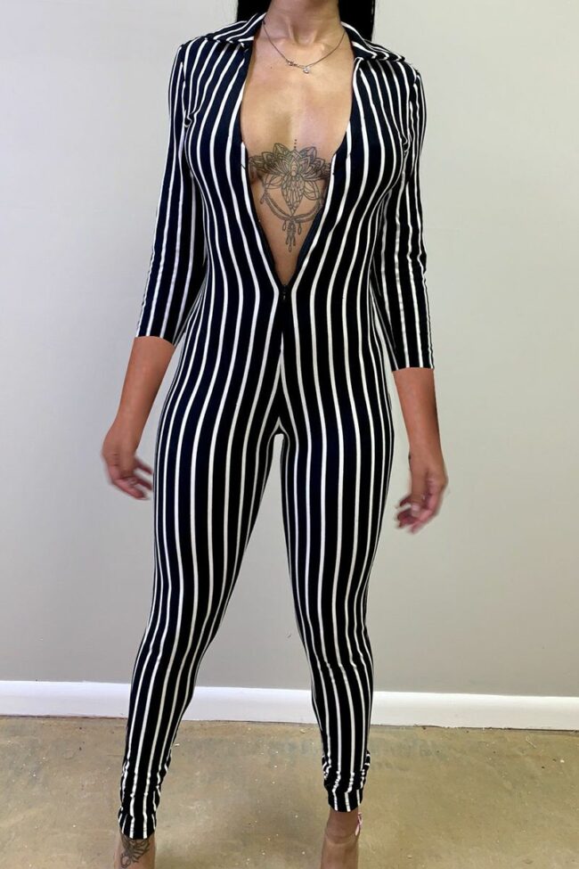 Sexy Striped zipper Polyester Long Sleeve V Neck