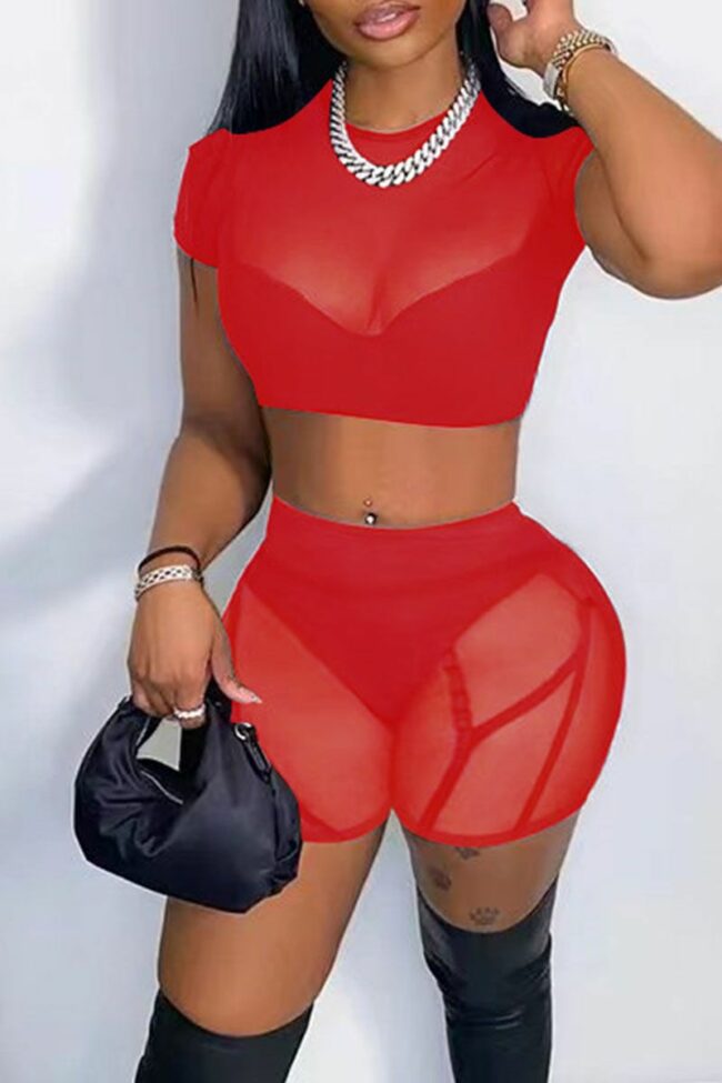Sexy Solid Split Joint See-through O Neck Short Sleeve Two Pieces