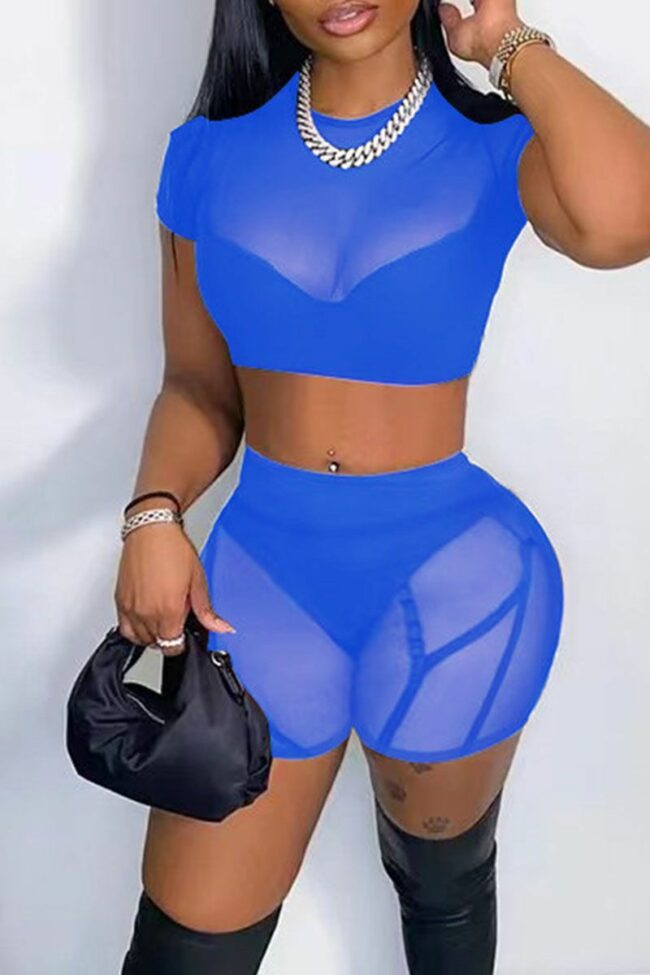 Sexy Solid Split Joint See-through O Neck Short Sleeve Two Pieces