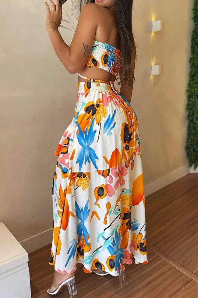 Casual Print Split Joint Asymmetrical Strapless Sleeveless Two Pieces
