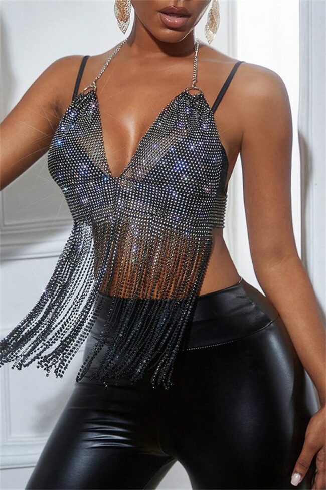 Fashion Sexy Patchwork Tassel Backless Halter Tops
