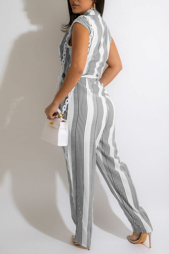 Casual Striped Print Split Joint Buckle With Belt Straight Jumpsuits