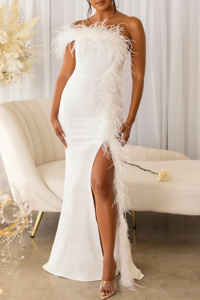 Sexy Patchwork Feathers Backless Slit Strapless Evening Dress