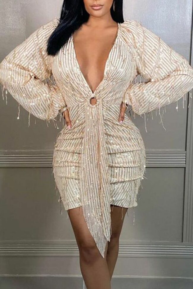 Elegant Solid Split Joint Fold Sequins V Neck Pencil Skirt Dresses